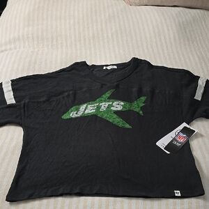 Women's '47 Black New York Jets  Double Header Scout Cropped V-Neck Tee Size:Med